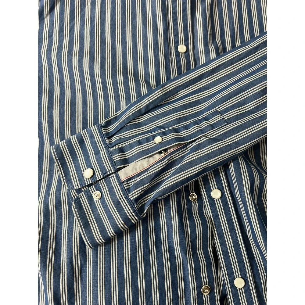 Banana Republic Pearl Snap Shirt Western Mens Size L Slim Fit Blue White Striped